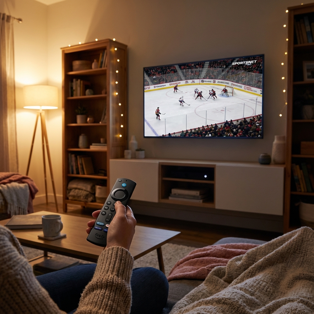Télécommande Fire TV Stick avec match de hockey à l'écran